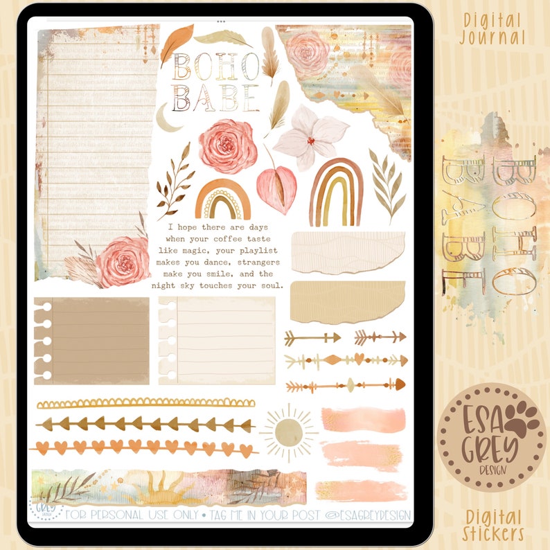 Boho Babe Floral Digital Stickers | Cozy Digital Planner | Goodnotes ...