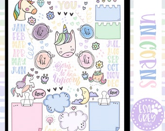 May include: Digital journal page featuring unicorn-themed digital stickers. Includes unicorn illustrations, hearts, flowers, and text such as "Born to be a Unicorn", "Be You", and months of the year. The design is in pastel colors with a grid background.