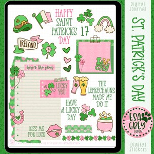 Könnte beinhalten: Digitale Sticker für den St. Patrick's Day mit einem grünen Kleeblatt, einem Topf voller Gold, einem Hufeisen, einem Regenbogen und dem Text "Froher St. Patrick's Day".