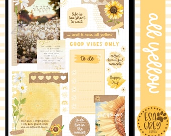 May include: A set of digital stickers featuring a yellow and white color scheme with sunflowers, daisies, and inspirational quotes. The stickers are designed for use in a journal or planner. The text on the stickers includes "Good Vibes Only", "To Do", "Collect Beautiful Moments", "Happy Day", "Just Go Girl", "To Do: Live in the Moment", and "Be in Love with Your Life. Every Minute of It."