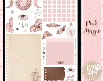 Pink Magic Digital Journal Sticker Set | Goodnotes Stickers | Digital Planner Stickers | Grimore Wicca Stickers | Boho Mushroom Moon Sticker