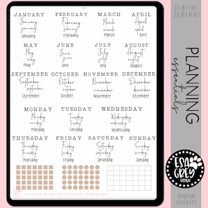 May include: Digital planner stickers with a black and white design. The stickers include the months of the year, days of the week, and a grid pattern.