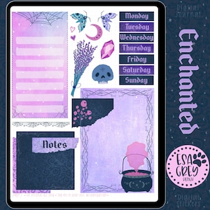 Può includere: Un set di adesivi digitali con uno schema di colori viola e blu. Gli adesivi presentano una varietà di design, tra cui un calderone, uno scheletro, una luna crescente, un cristallo, un mazzo di lavanda, una ragnatela e un set di etichette per i giorni della settimana. Gli adesivi sono progettati per l'uso in un planner o diario digitale.