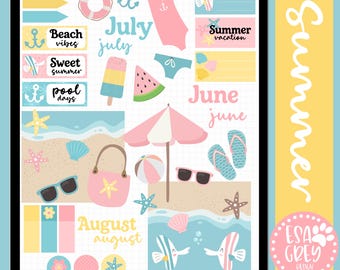 May include: Digital journal stickers with a summer theme. The stickers include beach elements like a pink swimsuit, sunglasses, and a beach bag. Text includes "Beach vibes", "Sweet summer", "Pool days", "July", "June", "August", and "Summer vacation".