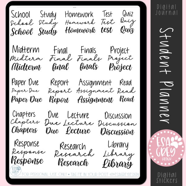 Student Planner Essentials Stickers | Goodnotes Stickers | Digital Planning Stickers | College Planner Stickers | Homework Study Stickers