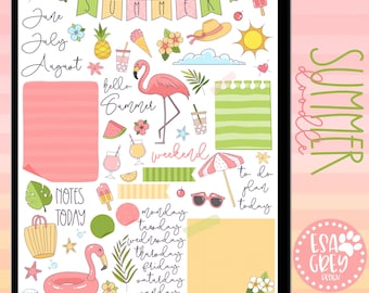 May include: Digital summer-themed stickers with hand-drawn illustrations. The design includes a pink flamingo, sun, ice cream, beach umbrella, and the words "Summer," "Hello Summer," and "Weekend." The color palette features pink, yellow, and green.