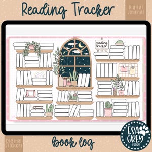 Puede incluir: Una página de planificador digital con un tema de estantería. La página está diseñada para hacer un seguimiento de los libros leídos. Presenta una ventana con un cielo nocturno y una luna, y el texto "reading tracker" y "book log".