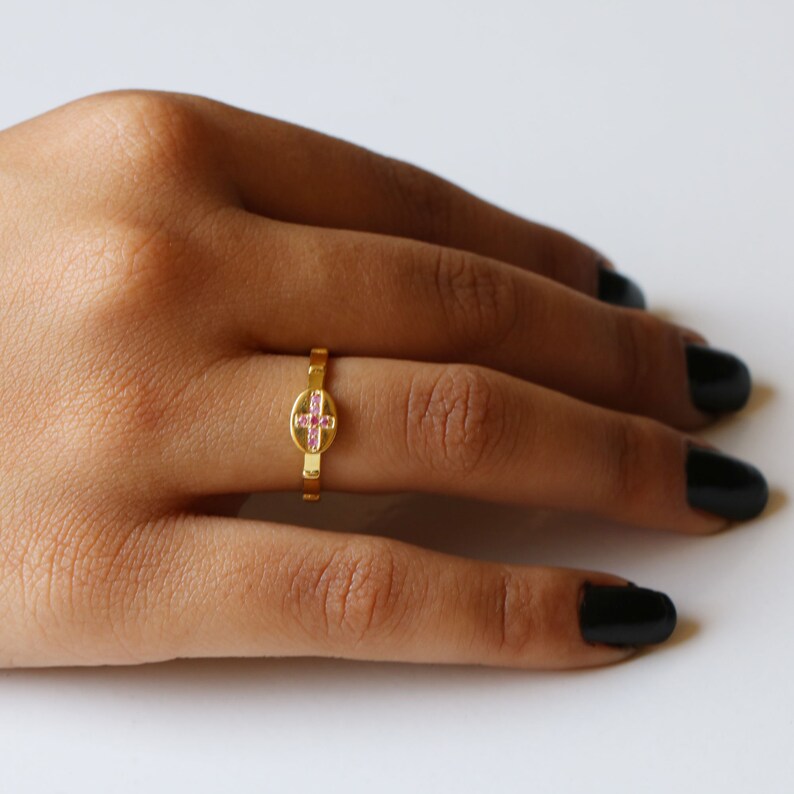 Christmas Gift Anniversary Strong Feminine Faith Ring in Gold Handmade Jewelry Cross Ring Pink Sapphire 14k9k Yellow Gold Ring