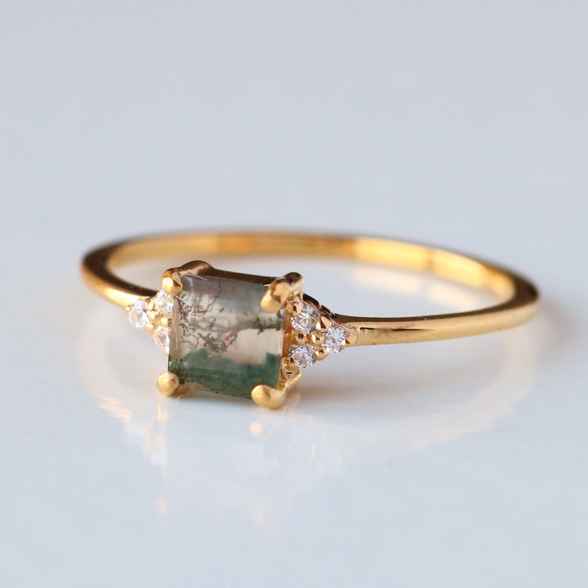 Princess Moss Agate 14k Yellow Gold Ring Natural SI Diamond | Etsy