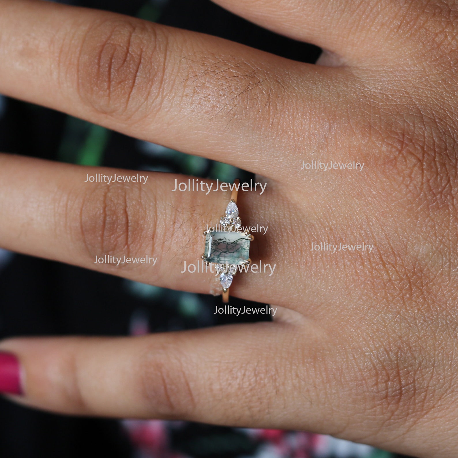 Baguette Moss Agate 14k Yellow Gold Ring Natural SI Diamond | Etsy