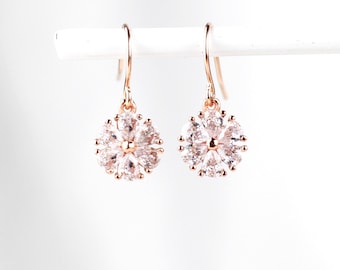 Rose gold earrings zirconia flower. Elegant earrings. Wedding jewelry, bridal earrings. Gift for her