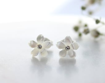 EarStuds blossom with cubic zirconia stone. Floral 925 sterling silver earrings. Gift for her