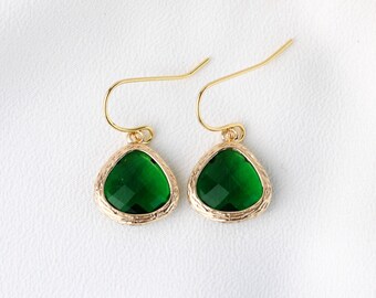 Emerald Earrings gold plated. Drop earrings glass crystal green. Gift for her