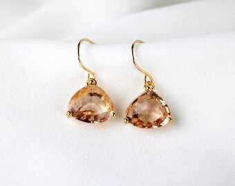 Gold plated earrings, Peach Champagne Crystal Dangle Earrings, Bridesmaid Gift, Wedding Bridal Earrings