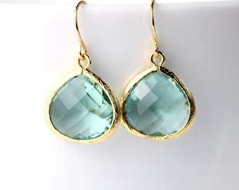 Earrings gold plated Erinite Green. Summer earrings. Gift for her