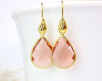 Champagne Earrings gold plated. Drop earrings peach glass crystal. Gift for her