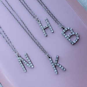 Silver chain rhinestone letters initials, personalized capital letters necklace, gifts for her