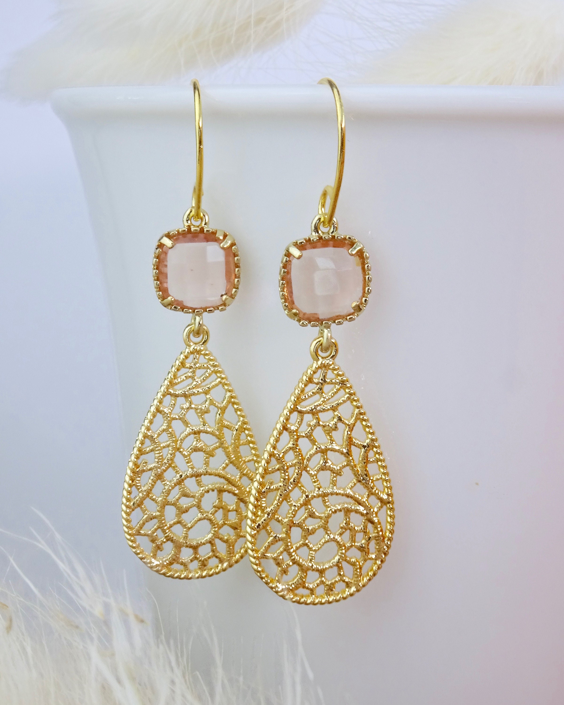 Earrings drop gold. Oriental ornament earrings with crystal Etsy