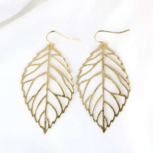 Gold Plated Statement Leaf Earrings big. Floral Statement Dangle Earrings. Gift for her
