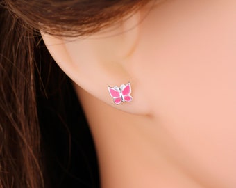 Butterfly stud earrings 925 sterling silver. Children's earrings. Girl jewelry