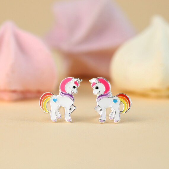 Boucles D'Oreilles Enfant Licorne - Puces En Argent 925/1000 (Multicolore, Bijouterie Papillon Bleu) - Neuf Avec Étiquettes