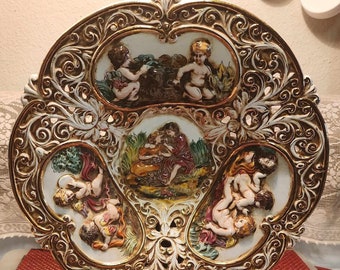 Vintage Keramos R. Capodimonte Raised Cherubs on Decorative Plate-ITALY