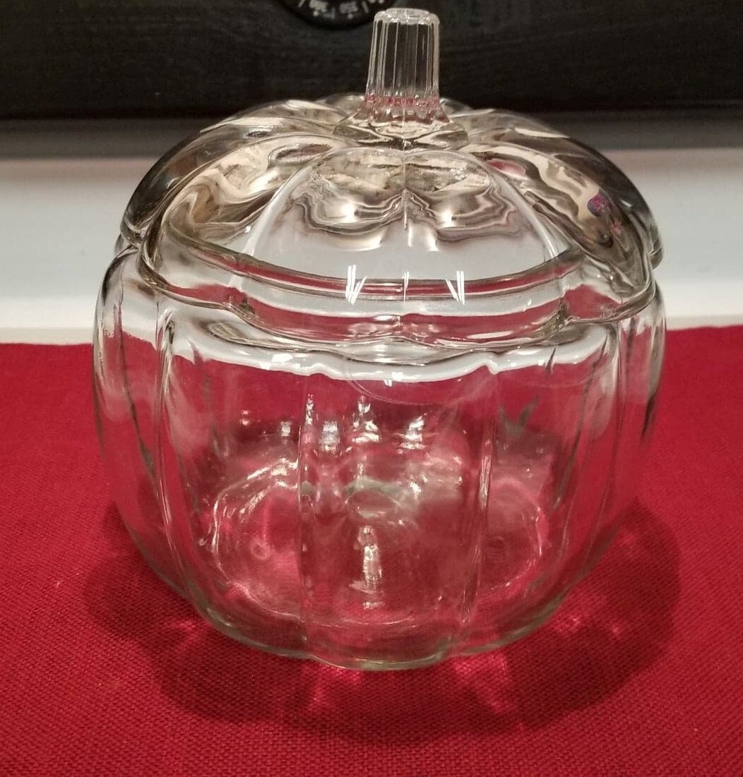 VINTAGE Clear Glass Cookie Jar Pumpkin Shaped 7 Tall *NO LID*