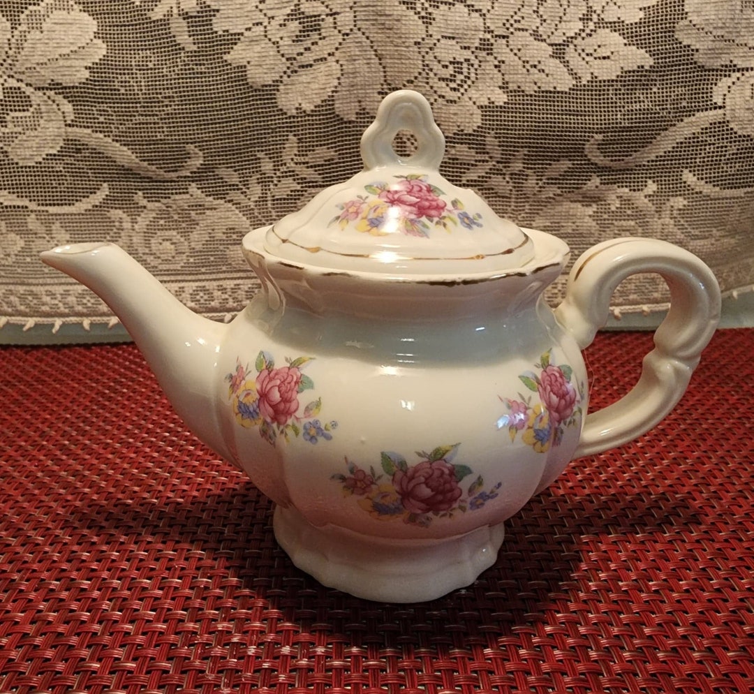 Vintage Small White Teapot With Floral Design Etsy