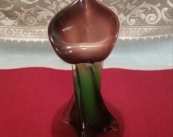 Vintage Italian Murano Bud Vase Calla Lily Bud Vase - Green White Purple / Jack the Pulpit Vase