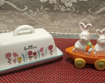 Easter Floral Butter Dish with Bunnies on a Carrot Cart Salt and Pepper Shaker Set - Dish or Set Option