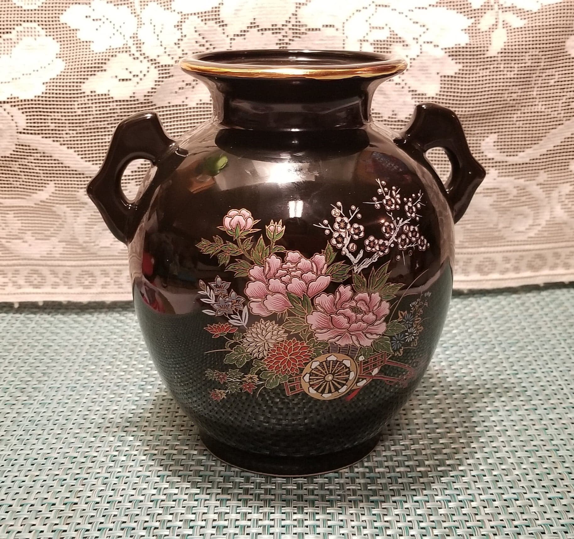 Japan Black Double Handled Vase with Wagon Full of Flowers Etsy