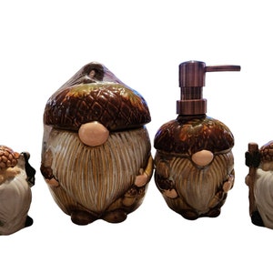 Acorn Gnome Canister, Soap / Lotion Dispenser, Salt and Pepper Shaker Set