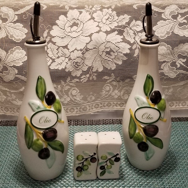 Ceramic Cruets and Matching Salt and Pepper Shaker Set - Made in Italy
