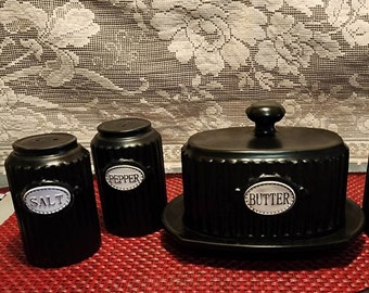 THL Black Embossed Butter Dish, Salt and Pepper Shaker Set