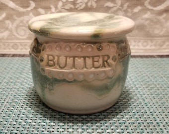 Pottery Butter Dish - Green and Cream