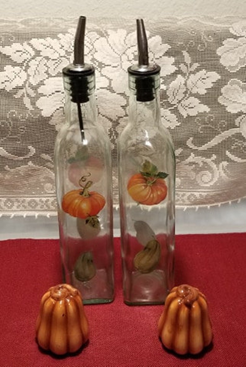 Two Glass Cruets Pumpkin Motif and Ceramic Pumpkin Shaped Salt and Pepper Shaker Set