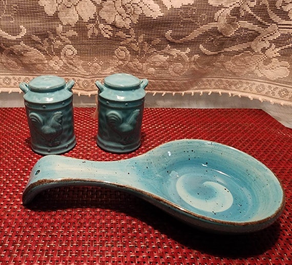 Turquoise Salt and Pepper Shaker Set & Spoon Rest 