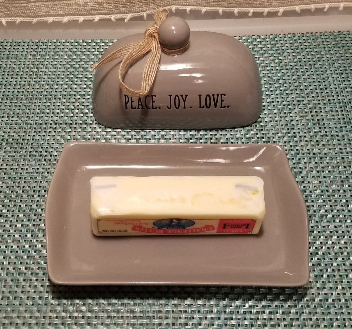 Gray Butter Dish with embossed words Peace / Joy / Love by Etsy