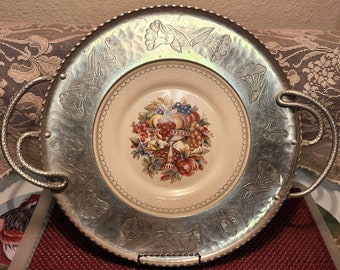 Vintage Triumph Limoges Farberware Imperial Victorian Wrought Aluminum & Porcelain Tray