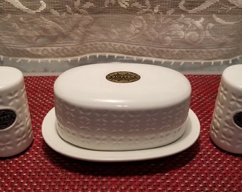 THL White Butter Dish with Bronze Emblem and Salt and Pepper Shaker Set