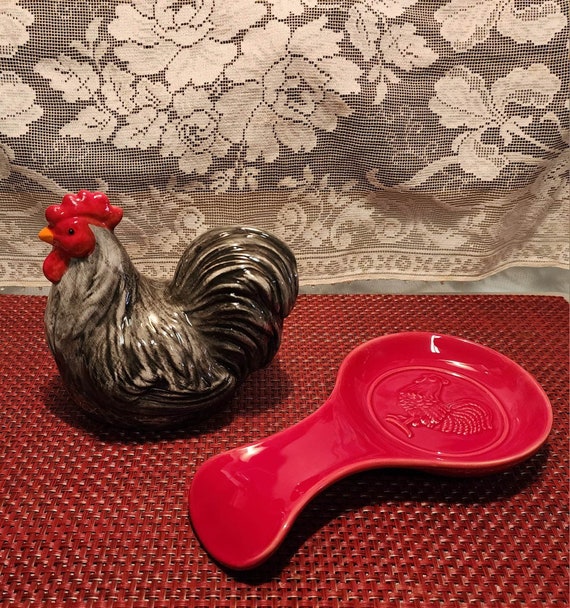 at Home Red Ceramic Rooster Spoon Rest
