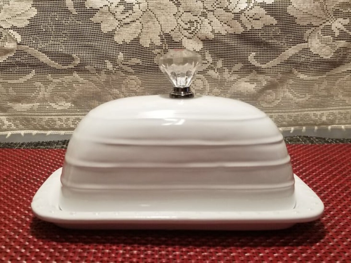 White Butter Dish with Crystal Knob Charming Home and or Etsy