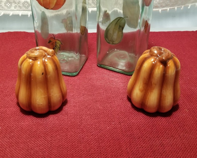 Two Glass Cruets Pumpkin Motif and Ceramic Pumpkin Shaped Salt and Pepper Shaker Set