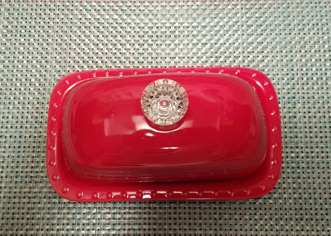 Red Butter Dish with Clear Knob on Lid / Simply Beautiful Dish Etsy