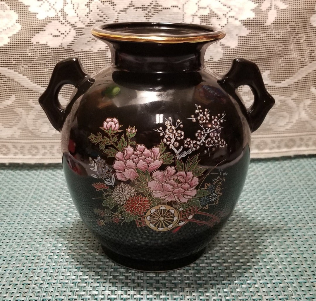 Japan Black Double Handled Vase With Wagon Full of Flowers Etsy