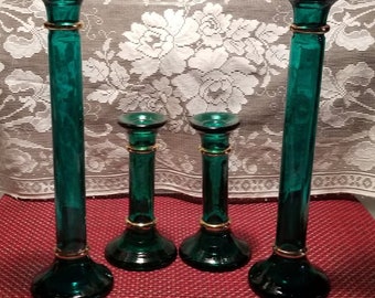 Emerald Green Glass with Gold Trim Candlesticks (4)