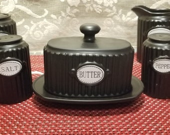 THL Black Embossed Butter Dish with word Butter, Creamer, Covered Sugar with Spoon, Salt and Pepper Shaker Set