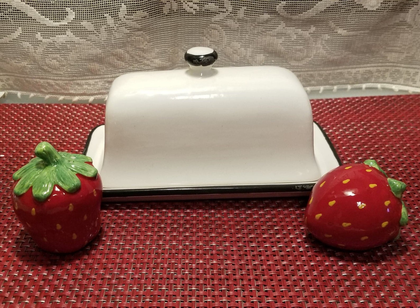 Large White Ceramic Butter Dish With Black Trim and Strawberry Etsy UK