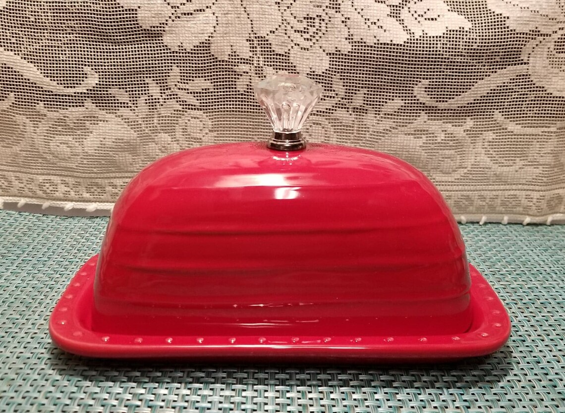Red Butter Dish with Clear Knob on Lid / Simply Beautiful Dish Etsy