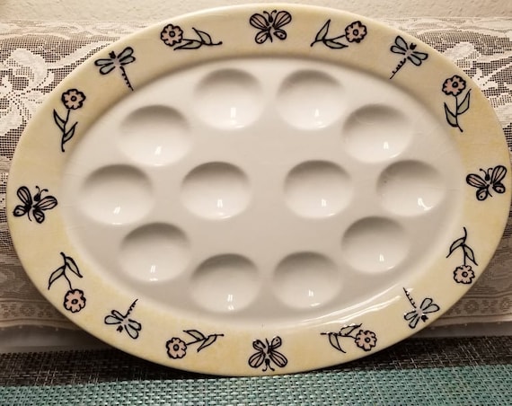 Plato grande de huevos rellenos de cerámica Mariposas y flores para Mervyns  -  México